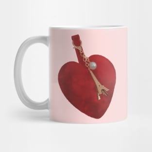 Red fluffy heart keyring with the Eiffel Tower charm in rose gold and a white perl. Mug